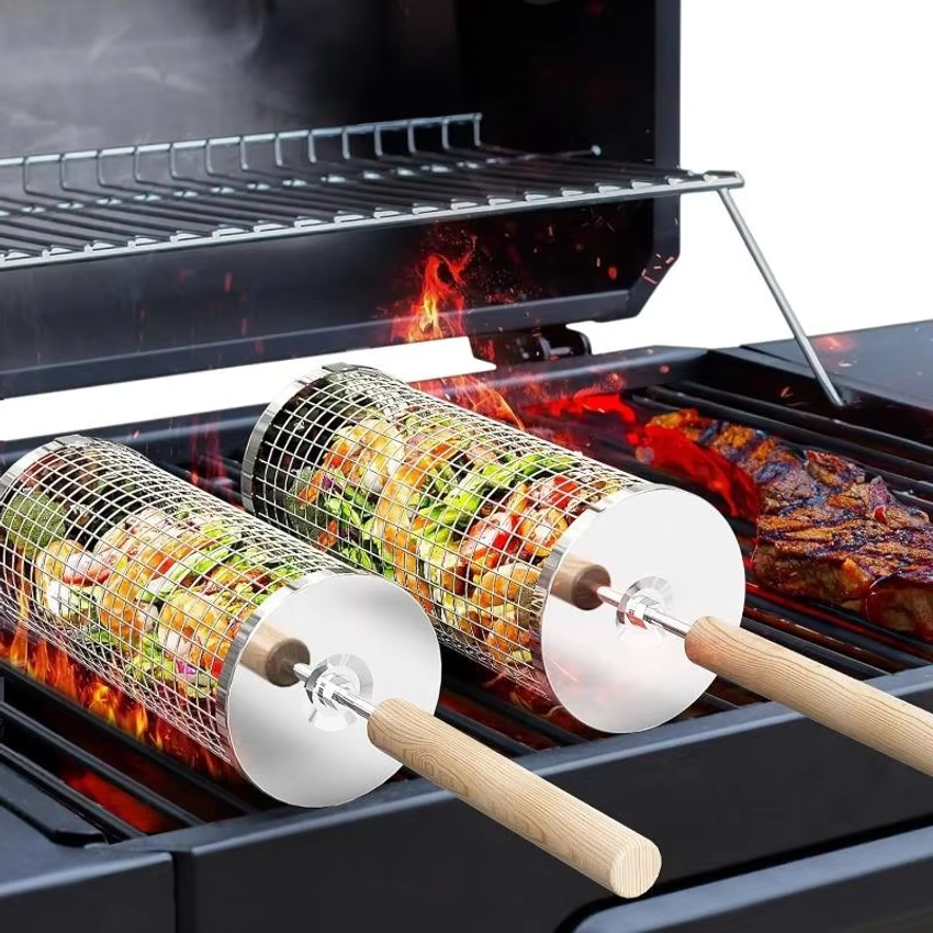 Outdoor Camping Bbq - Round Barbecue Grill Basket Set, Stainless